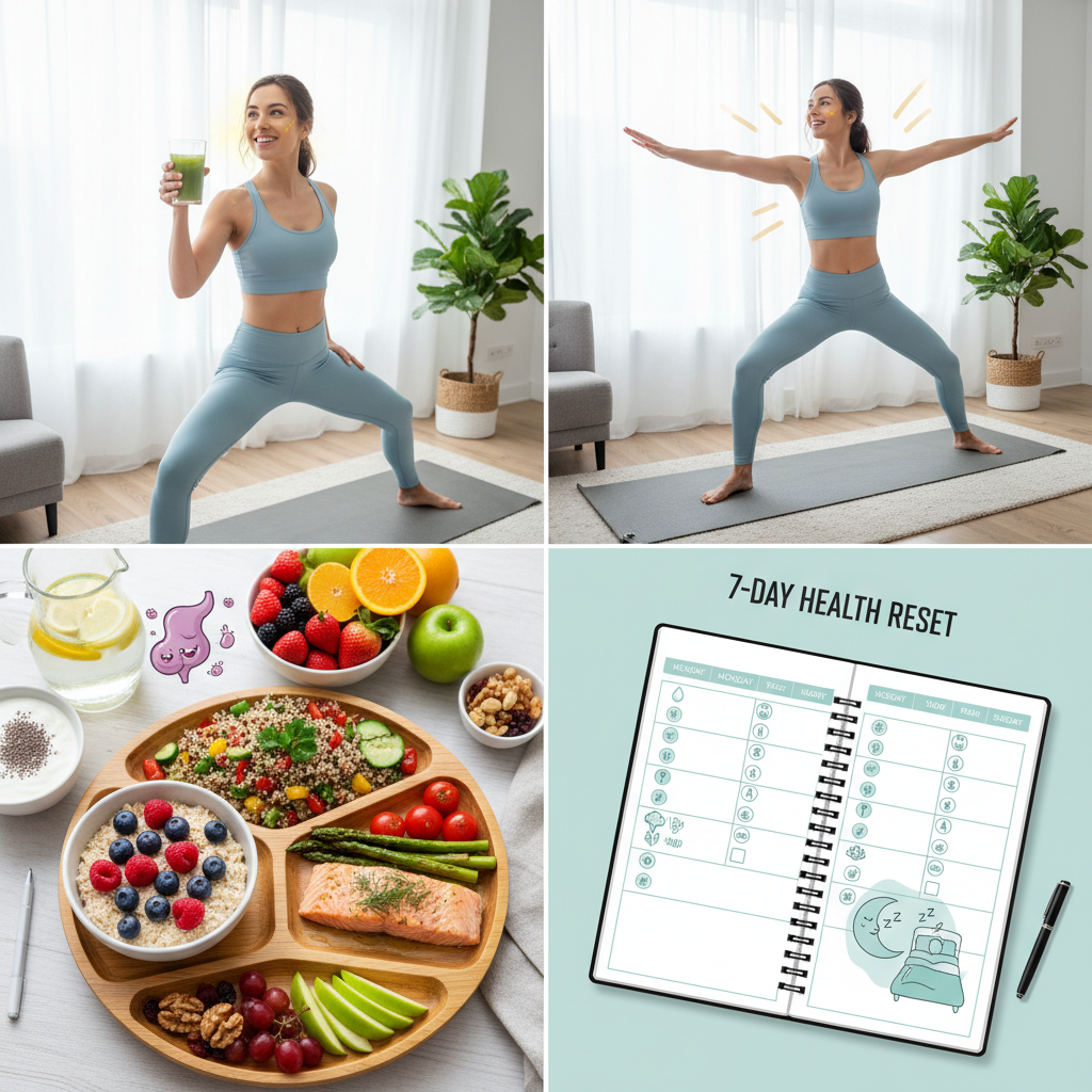 A daily planner or calendar showing the 7-day breakdown with icons for hydration, meal planning, movement, gut health foods, mindfulness, and reflection.