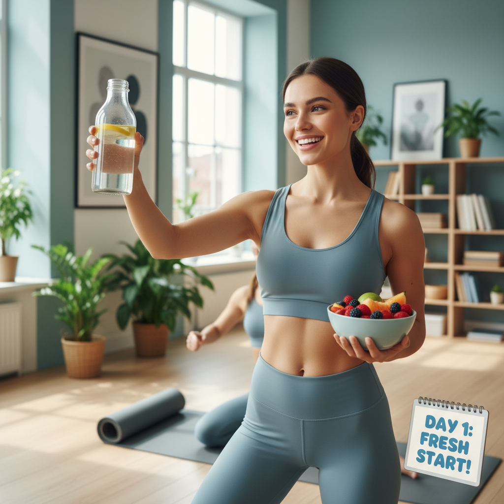 Illustration of a person happily starting a 7-day health reset, with fresh fruits, water with lemon, and gentle exercise like yoga in a bright, inviting setting.