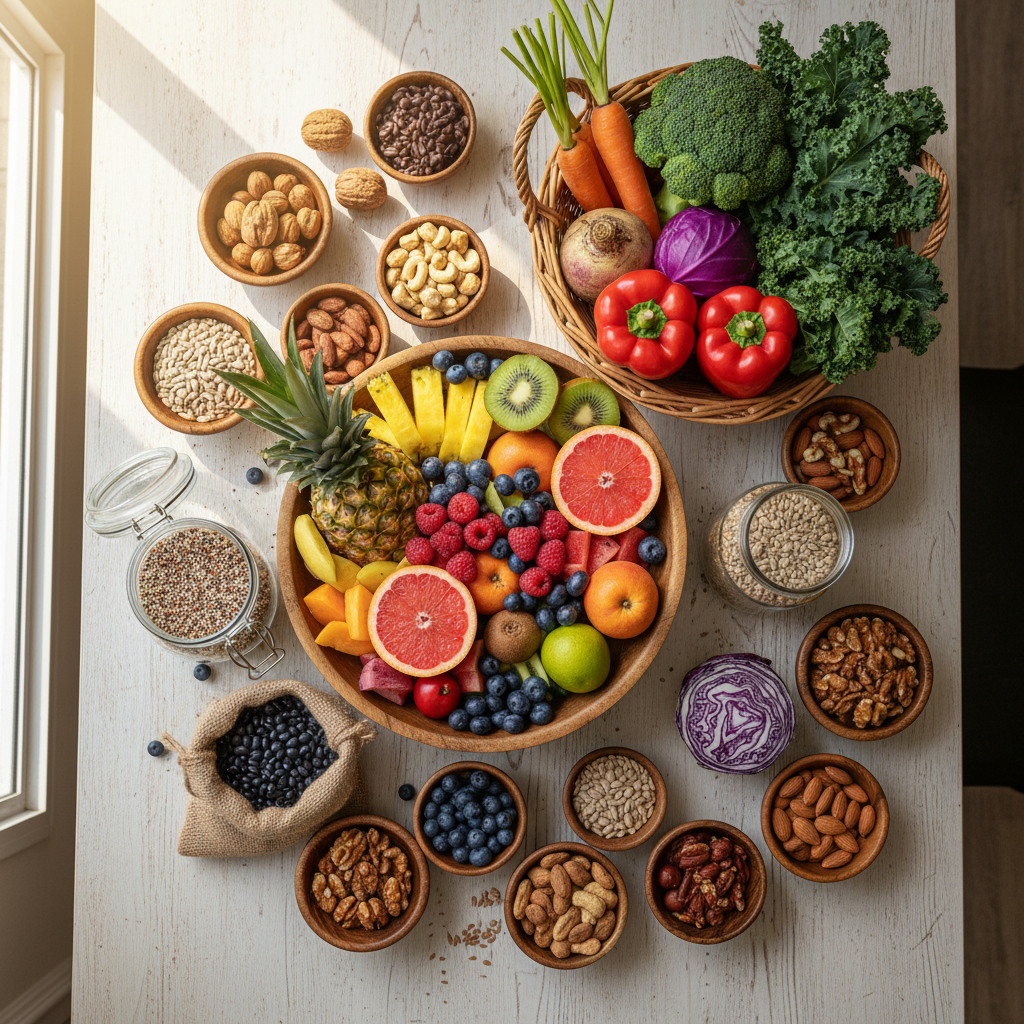 A kitchen scene with a person preparing a healthy meal using whole food ingredients, featuring fruits, vegetables, whole grains, and herbs/spices, illustrating practical tips for transitioning to whole food nutrition.