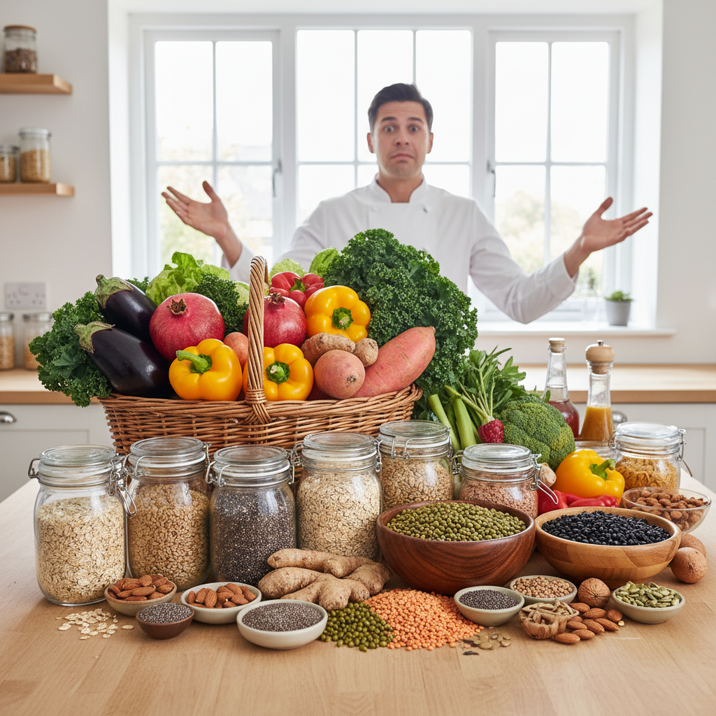 A colorful assortment of fresh whole foods including fruits, vegetables, whole grains, legumes, nuts, and seeds representing natural, unprocessed ingredients.