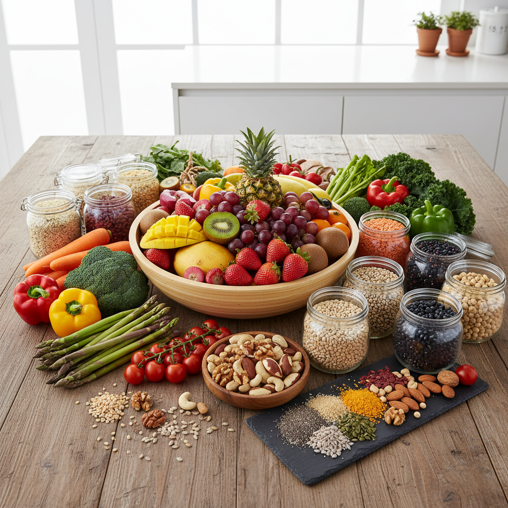 An infographic or visual showing the benefits of eating whole foods: nutrient boost, satiety, disease risk reduction, digestive health, and improved mood and energy.