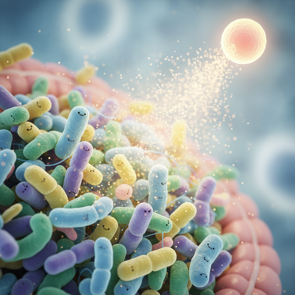 Illustration of a healthy gut microbiome with diverse beneficial bacteria promoting glowing skin and high energy levels.