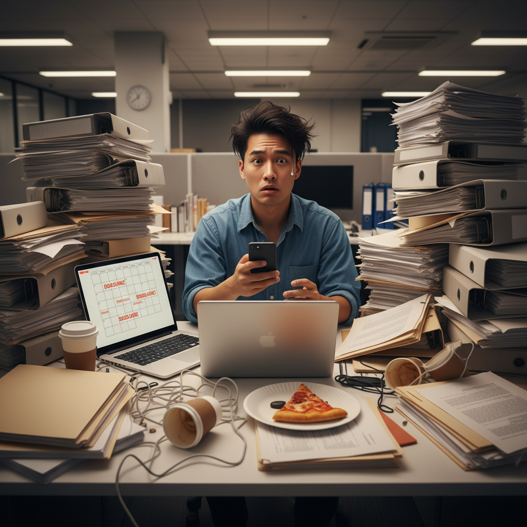 A balanced work-life setting with an individual happily engaging in both work tasks on a laptop and enjoying personal hobbies or time with family, illustrating work-life balance.