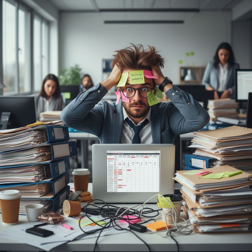 An office worker looking stressed and overwhelmed with piles of paperwork and a chaotic workspace, representing burnout and stress at work.