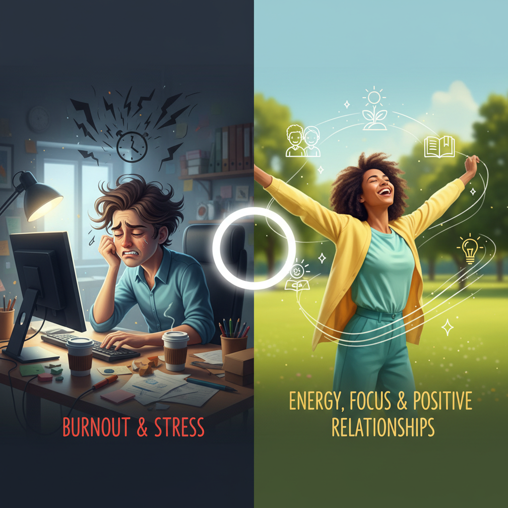 Illustration representing the negative effects of poor work-life balance such as burnout and stress, contrasted with vibrant imagery of a person thriving with energy, focus, and positive relationships.