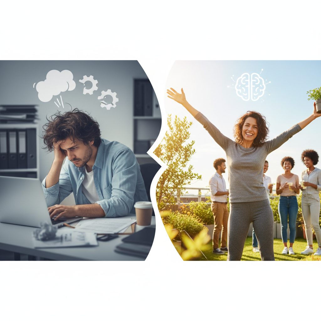 A personal story vignette illustration, depicting an individual transitioning from being a stressed 'productivity zombie' working late nights to a happier, well-balanced person enjoying personal time activities like music lessons and relaxing brunches.