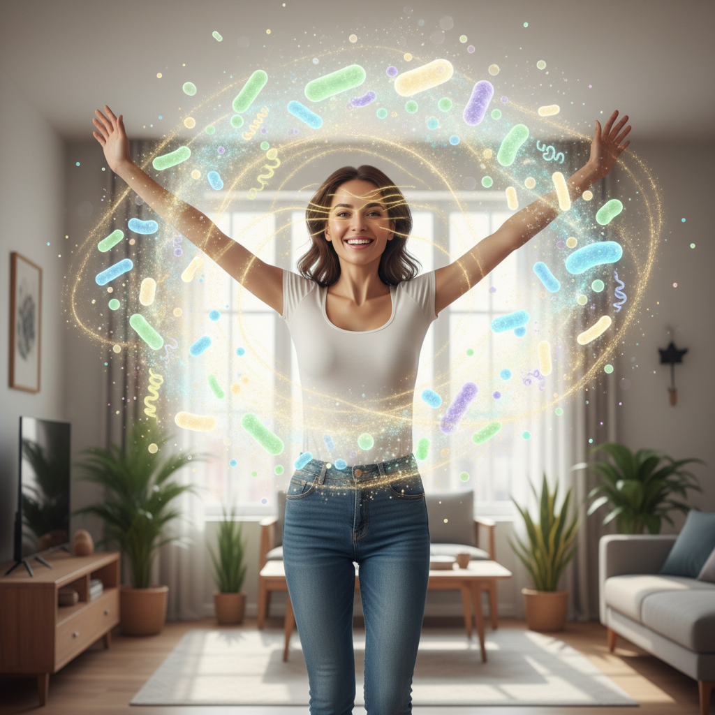 A balanced lifestyle scene showing hydration (water bottle), stress management (meditation/yoga), quality sleep, and daily physical activity to support gut health and radiant skin.