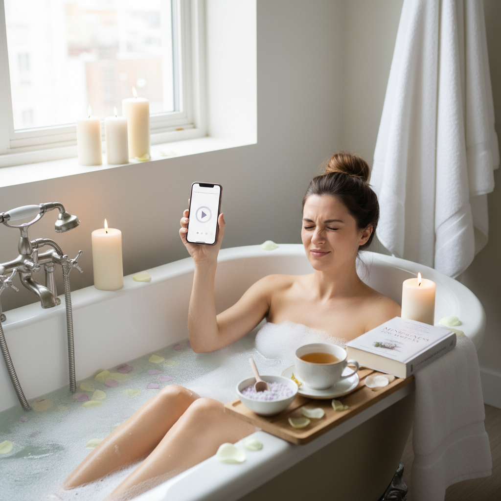 A serene scene of a cozy self care nook with lit candles, bath salts, and a cup of calming tea, highlighting a peaceful and relaxing atmosphere.