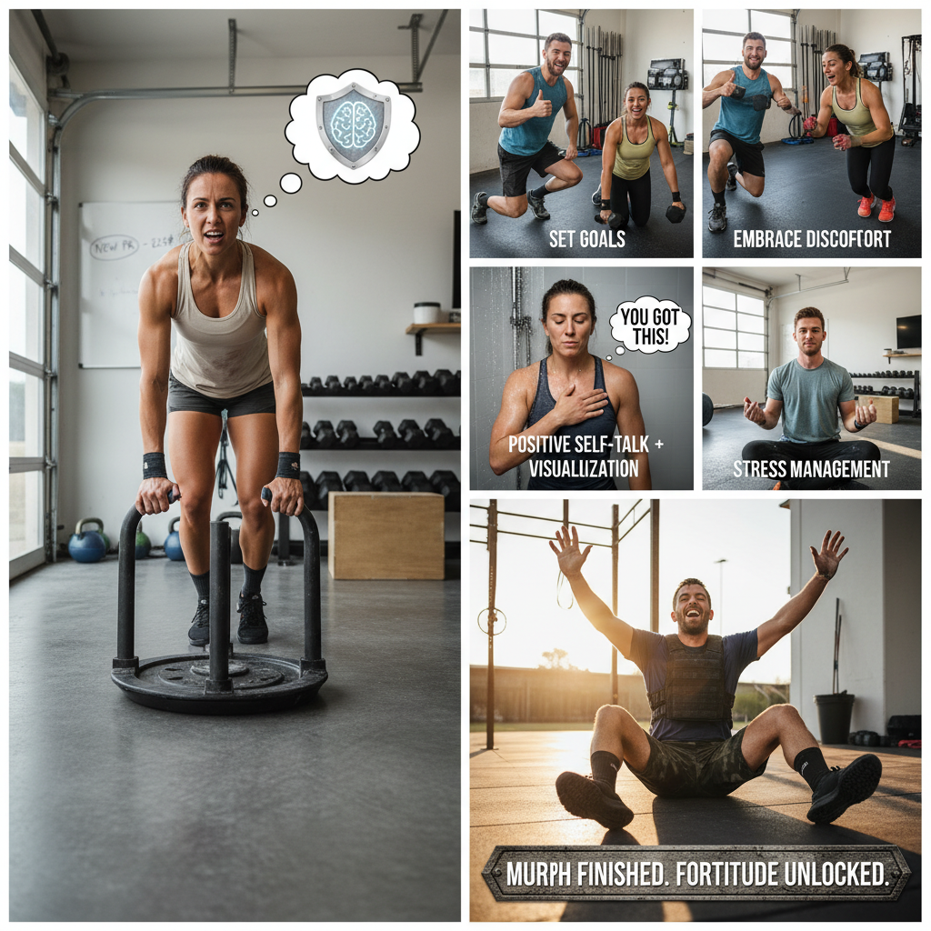 A personal journey image: an athlete completing the Murph workout, exhausted but victorious, symbolizing the mental grit gained from CrossFit and its application to life challenges.