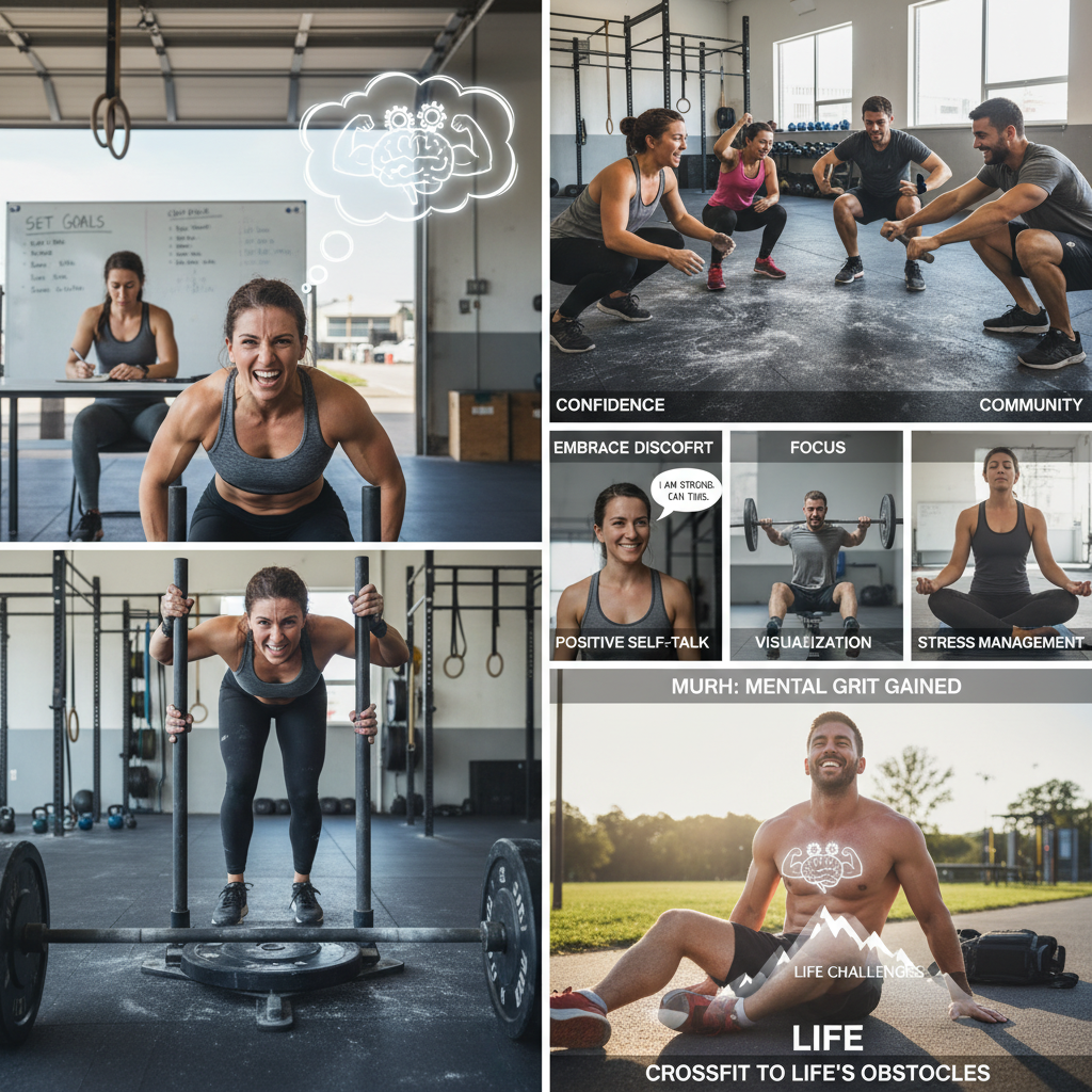 Step-by-step representation of how to build mental toughness: scenes showing setting goals, embracing discomfort, practicing positive self-talk, visualization, and stress management techniques like meditation.