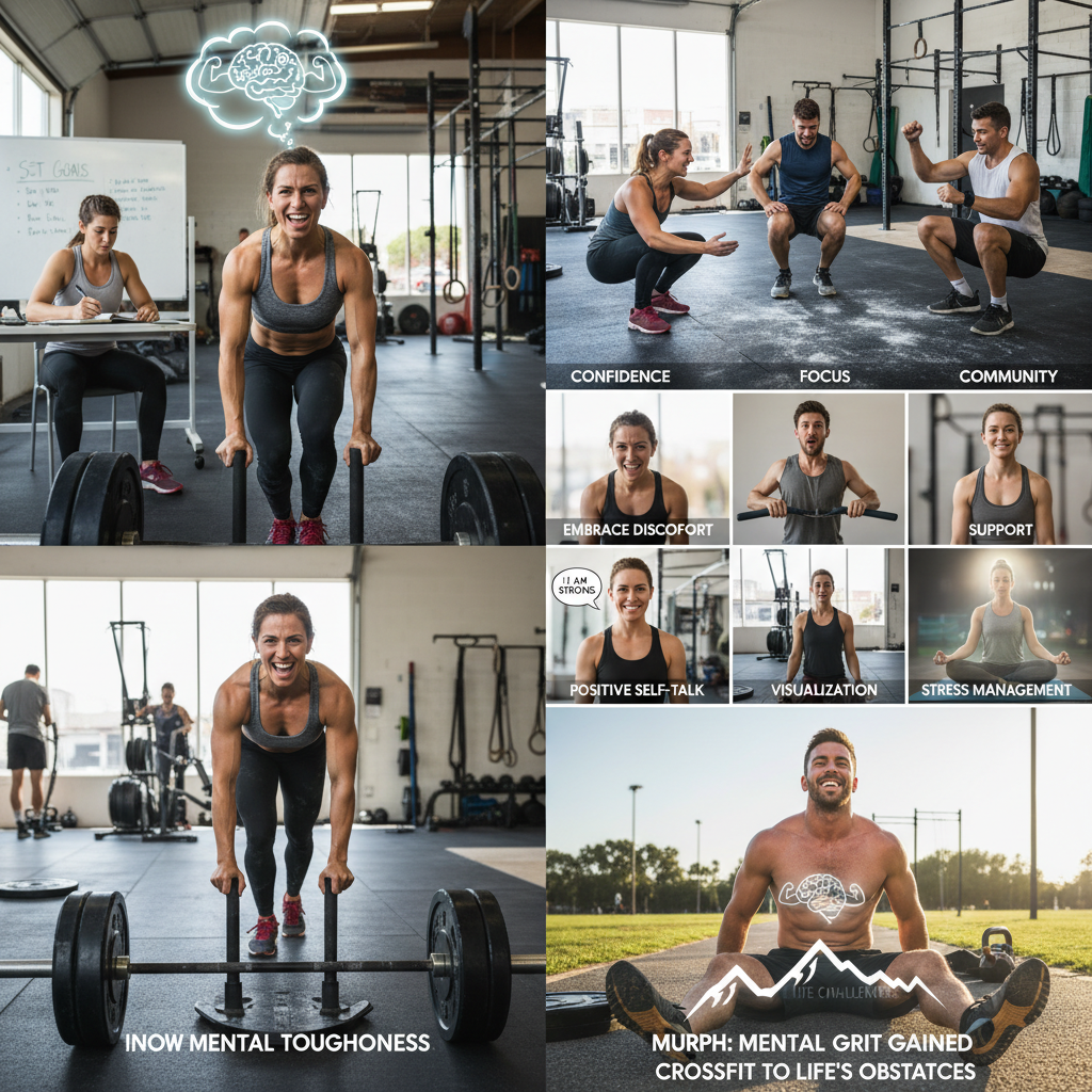 Illustration representing mental toughness in CrossFit: an athlete pushing through a tough workout with a focused determined expression, muscles straining but mind strong.