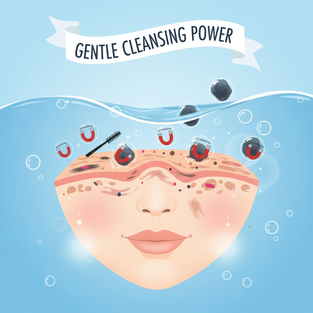An illustration showing micelles as tiny oil magnets suspended in water, gently attracting and trapping makeup, dirt, and excess oils on a person's face, emphasizing gentle cleansing.