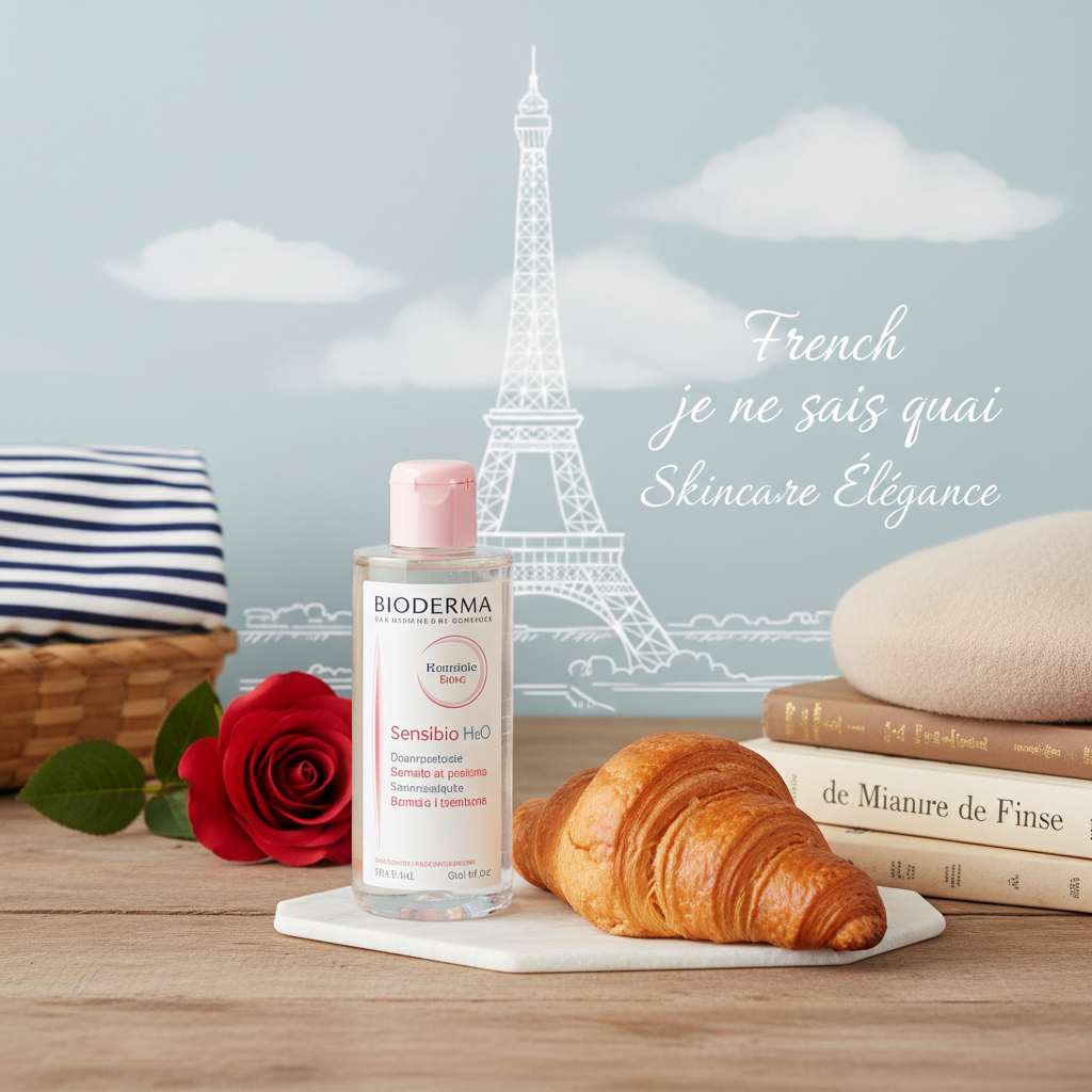 A charming French-themed image featuring Bioderma Micellar Water with French elements like croissants and Eiffel Tower silhouette, representing the 'French je ne sais quoi' and skincare elegance.