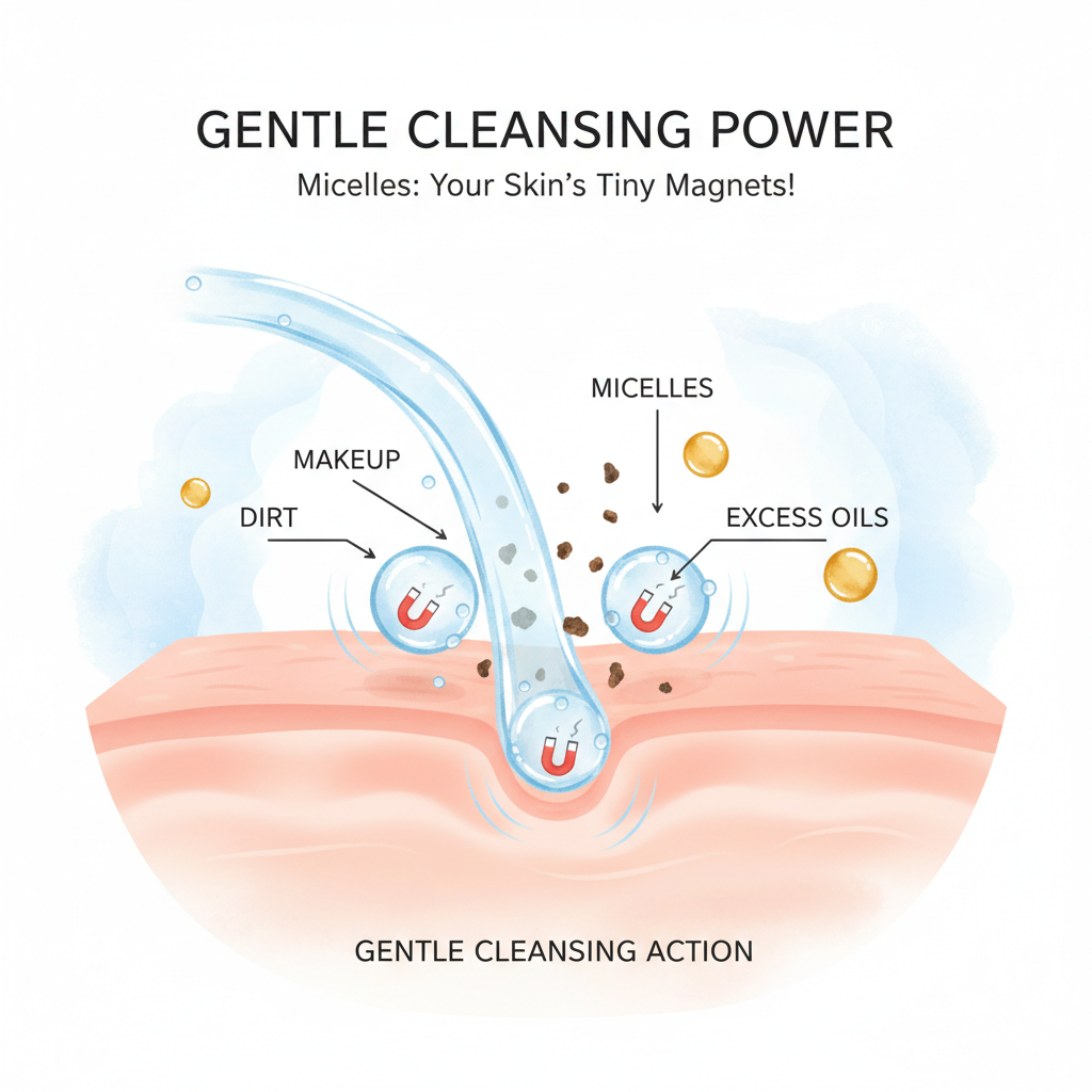 Step-by-step visual guide of using Bioderma Micellar Water: soaking a cotton pad, gentle swiping on face and eyes, holding pad on lashes, optional rinsing, and applying moisturizer.