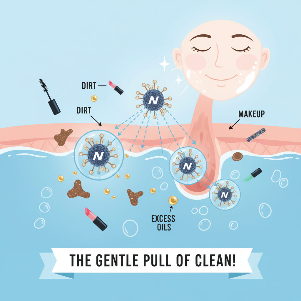 A showcase of Bioderma Sensibio H2O bottle surrounded by hydrating ingredients like cucumber slices, glycerin droplets, and icons representing skin microbiome support, highlighting its skincare benefits.