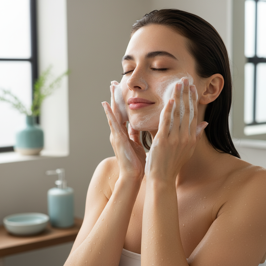 Graphic depicting the benefits of gentle facial cleansers including protecting skin barrier, maintaining hydration, reducing redness, balancing oil production, and supporting natural skin processes.