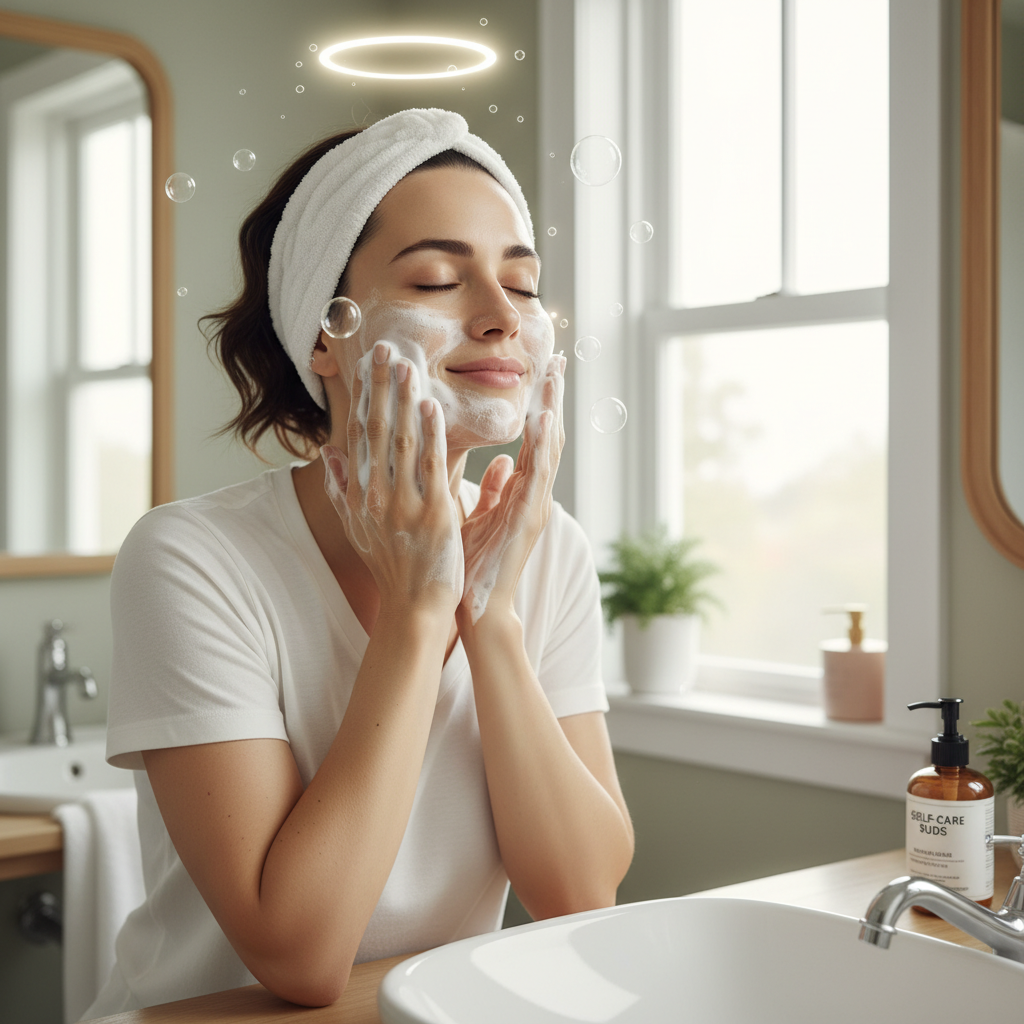 Illustration of a person gently washing their face with a mild, foaming cleanser, portraying a nurturing and soothing self-care routine.