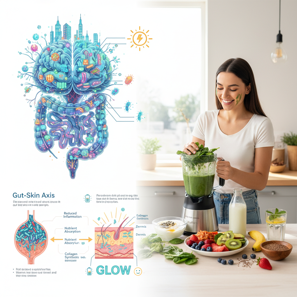 A colorful, vibrant plate filled with a variety of fruits, vegetables, fermented foods like kimchi and yogurt, and a glass of water, representing the best gut health tips for glowing skin and energy.