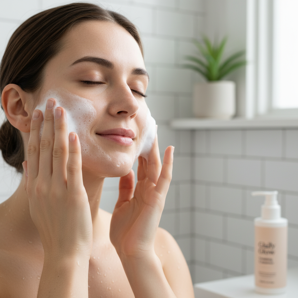 Artistic representation of homemade gentle cleanser ingredients such as honey, castile soap, aloe vera, and essential oils, with a cozy, DIY skincare vibe.