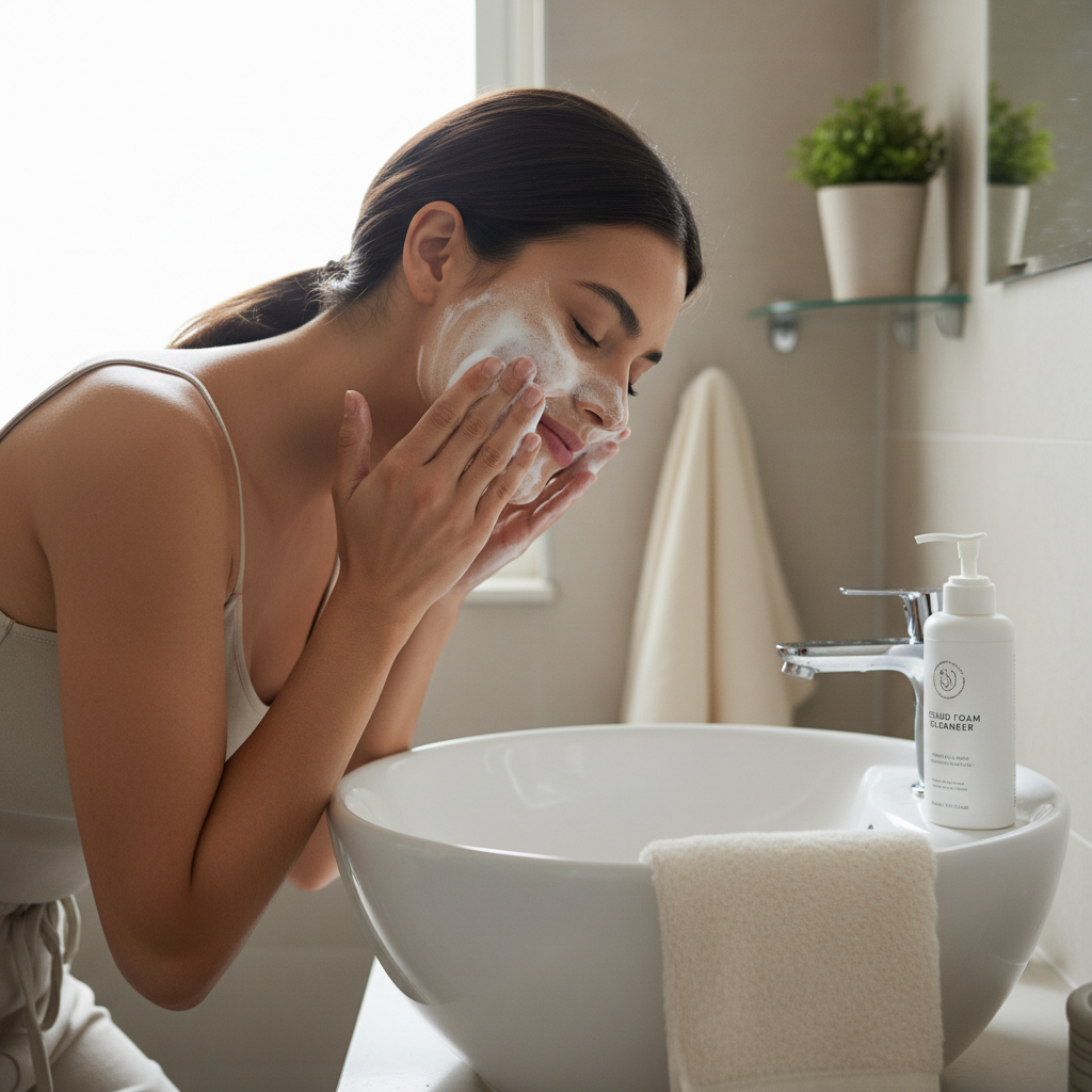 Step-by-step visual guide showing how to properly use a gentle cleanser: washing hands, applying cleanser in circular motions, rinsing with lukewarm water, patting dry, and applying moisturizer.