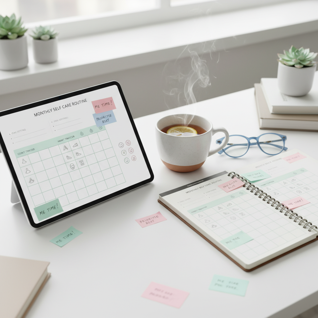 A digital and physical monthly self care routine planner side by side, showing various sections like goal setting, habit tracking with icons for meditation, walks, skincare, and mood tracking emojis.