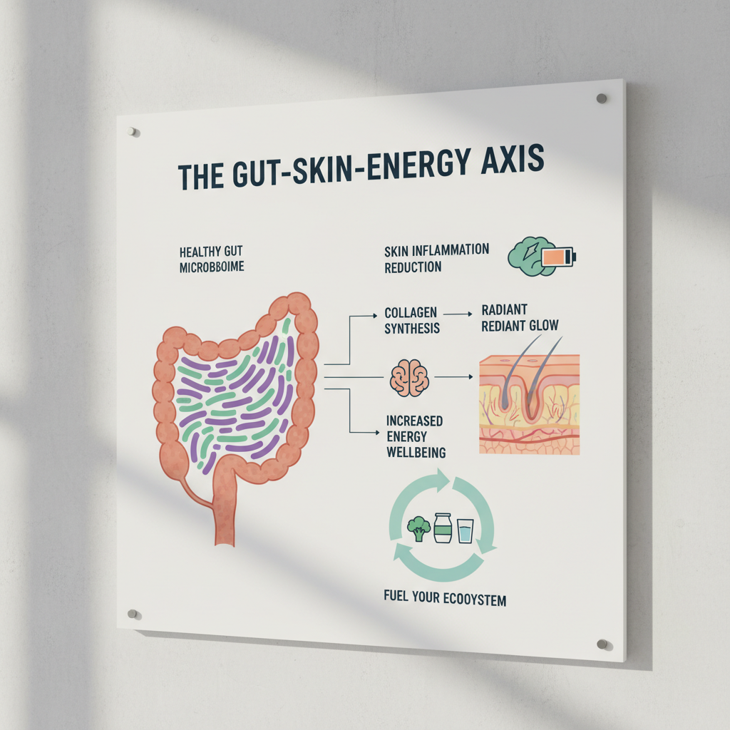 Illustration of the human gut as a vibrant ecosystem or 'second brain', showing gut microbiome bacteria influencing skin health and energy levels.