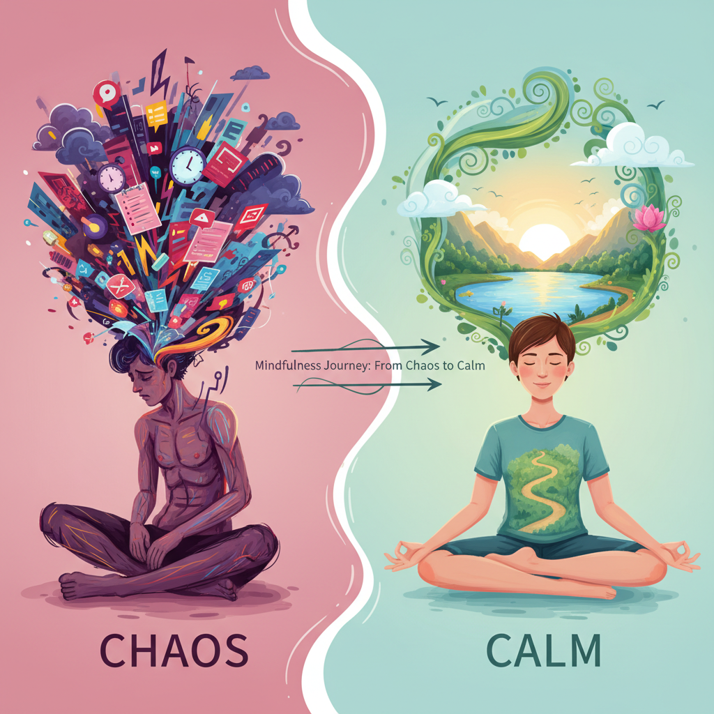 A step-by-step visual guide featuring a beginner practicing daily mindfulness: sitting quietly, focusing on breath, and using simple exercises like mindful walking or eating.