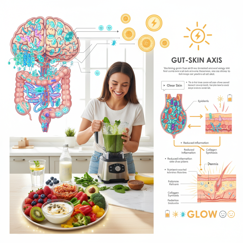 A scientific and educational infographic showing the connection between gut bacteria, skin inflammation reduction, collagen synthesis, and overall glow, incorporating visuals of gut microbiome and skin layers.