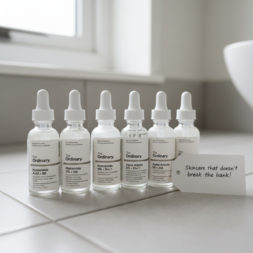 The Ordinary skincare products arranged simply with labels visible, highlighting affordable and ingredient-focused packaging to represent the brand's philosophy.