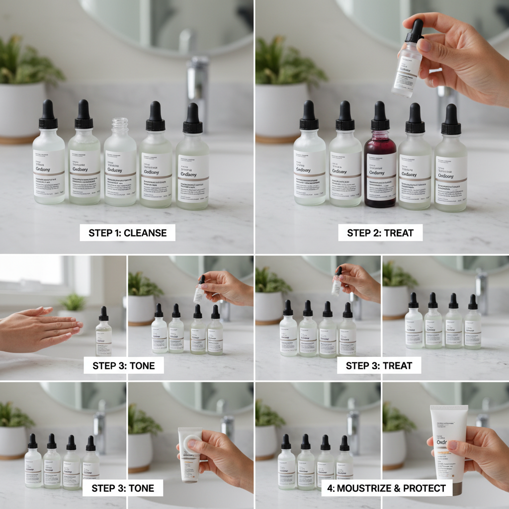 A person applying The Ordinary Hyaluronic Acid 2% + B5 serum to their face in a bright, clean bathroom setting, showcasing personal skincare routine.