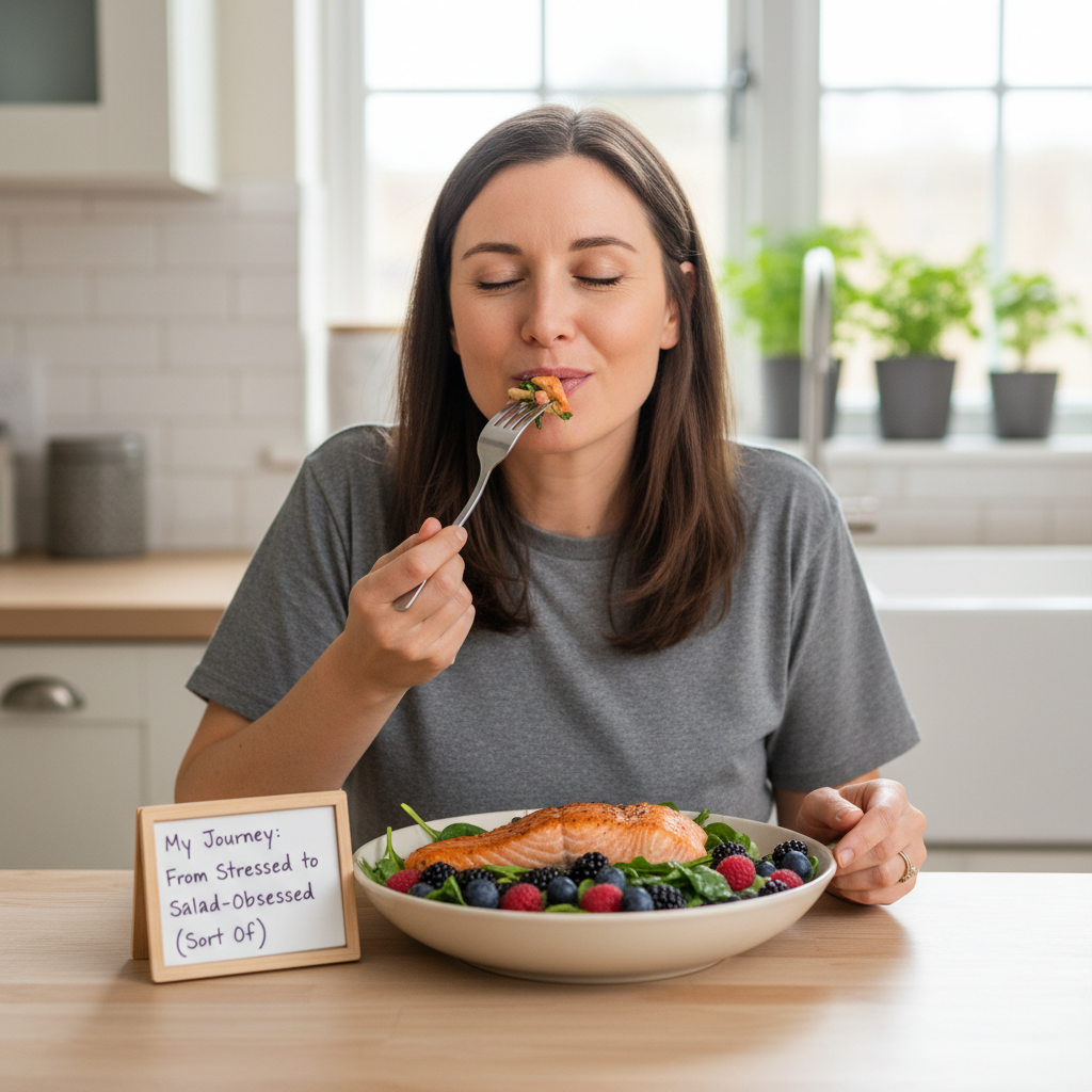 An individual enjoying a healthy meal featuring mood boosting foods like salmon, leafy greens, and berries, illustrating a personal journey with food and stress relief.