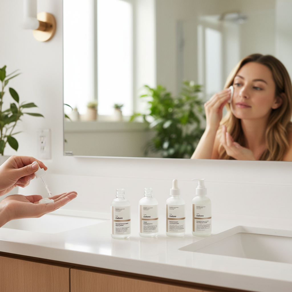 Close-up of popular The Ordinary products such as Niacinamide 10% + Zinc 1%, AHA 30% + BHA 2% Peeling Solution, and Glycolic Acid 7% Toner displayed on a vanity or shelf.