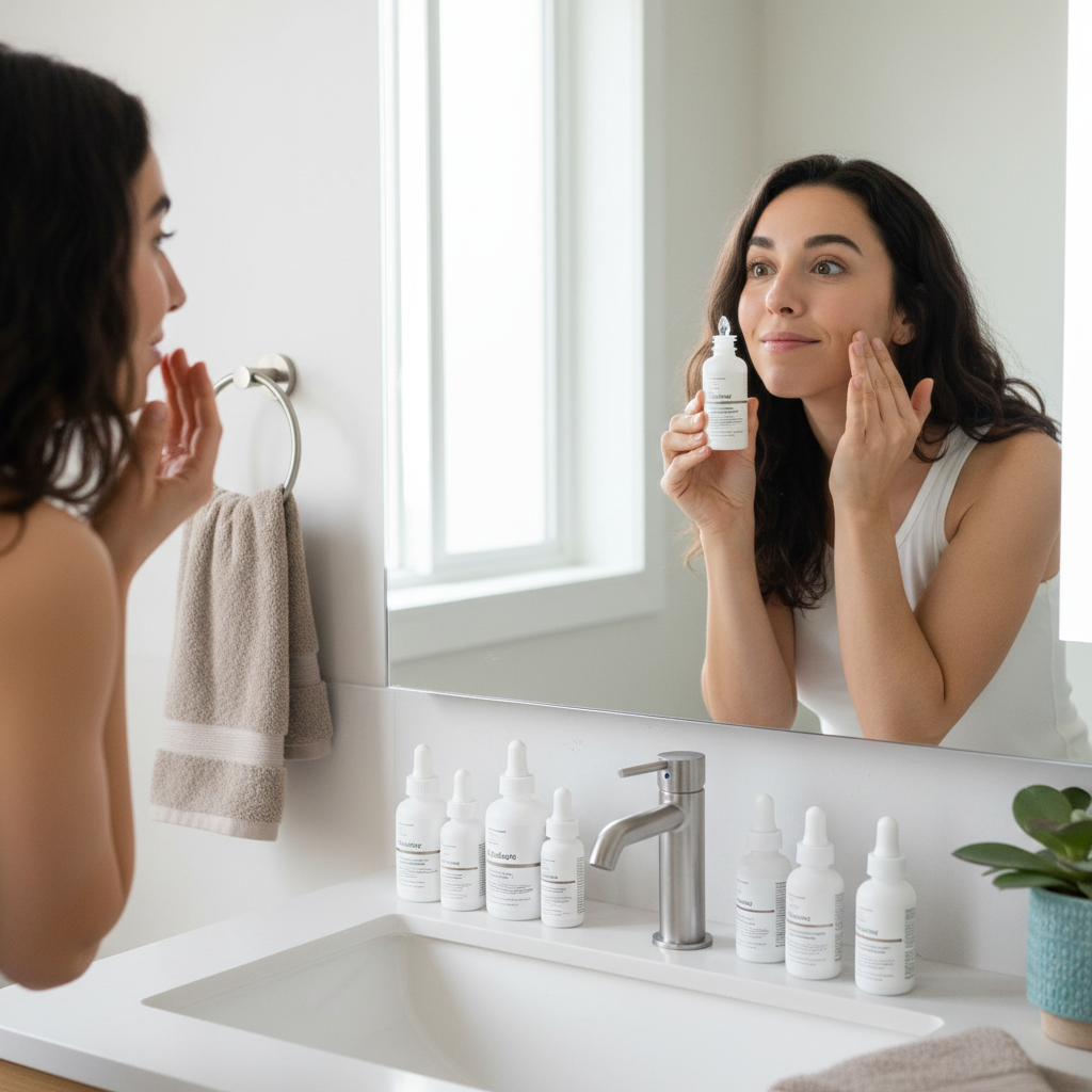 Step-by-step visual of a skincare routine featuring cleansing, treating with serums, toning, moisturizing, and applying sunscreen with labeled product bottles.