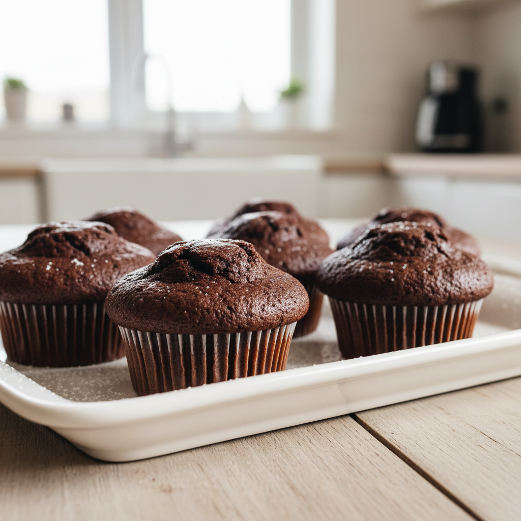 A close-up image of moist, rich chocolate cupcakes freshly baked and arranged appealingly on a serving tray.