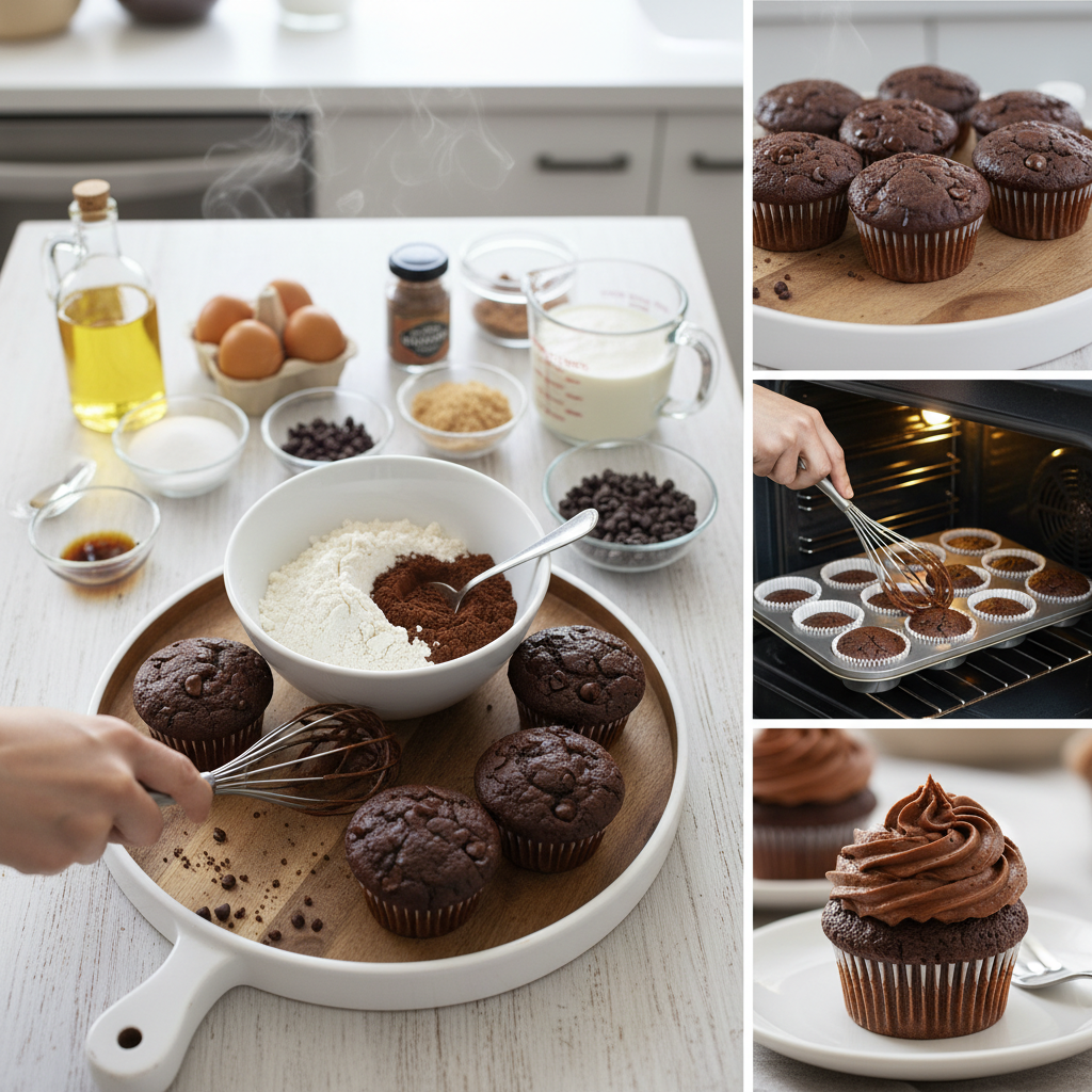A beautifully frosted chocolate cupcake topped with smooth, creamy chocolate buttercream frosting, highlighting the frosting texture and gloss.
