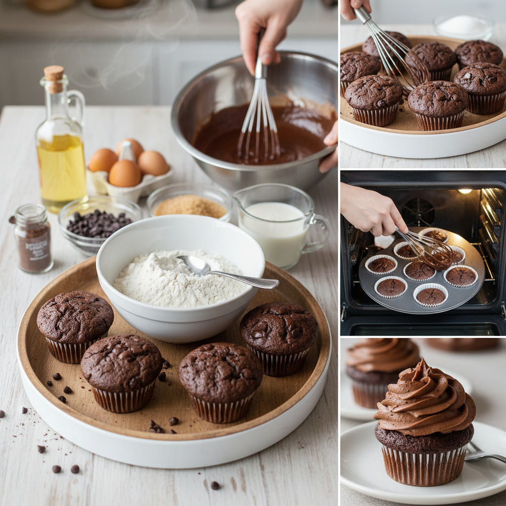 A neatly organized flat lay of all the ingredients needed to make the chocolate cupcakes, including flour, cocoa powder, eggs, oil, buttermilk, espresso powder, etc.