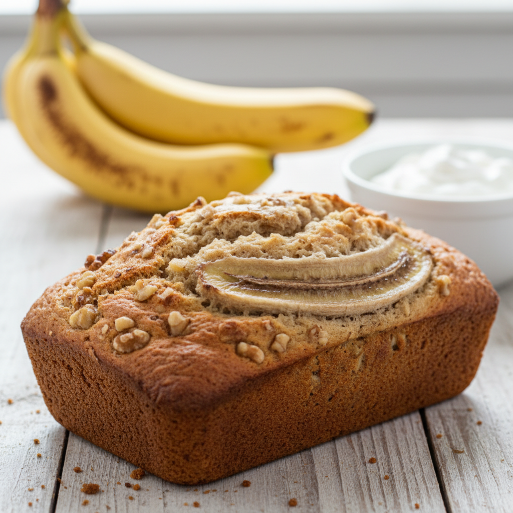 A warm, freshly baked loaf of moist banana bread on a wooden table with ripe bananas and a bowl of sour cream in the background, showing the soft, tender texture.
