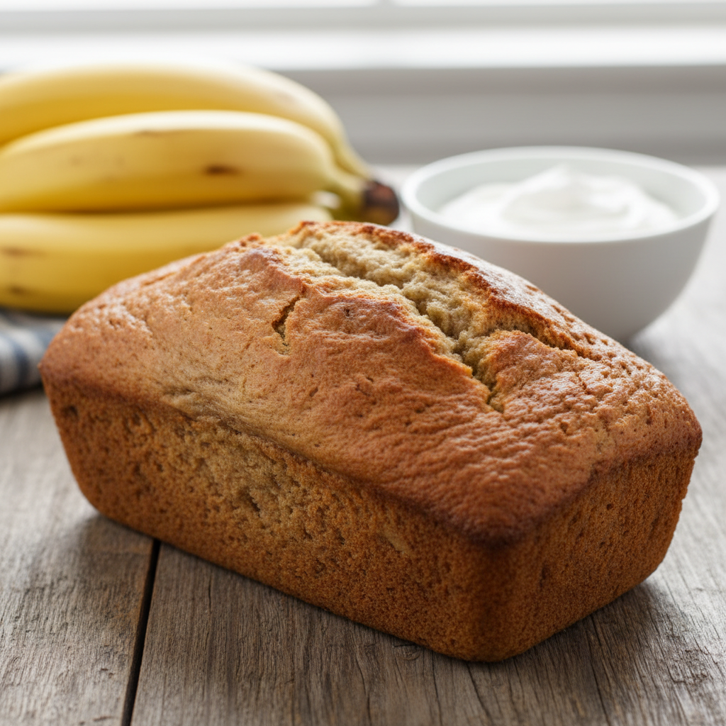 Various tips illustrated: close-up of very ripe black-spotted bananas, a spoonful of sour cream being added to batter, gentle folding motion with a spatula, and mix-ins like walnuts and chocolate chips with storage suggestions (wrapped loaf and freezer bag).