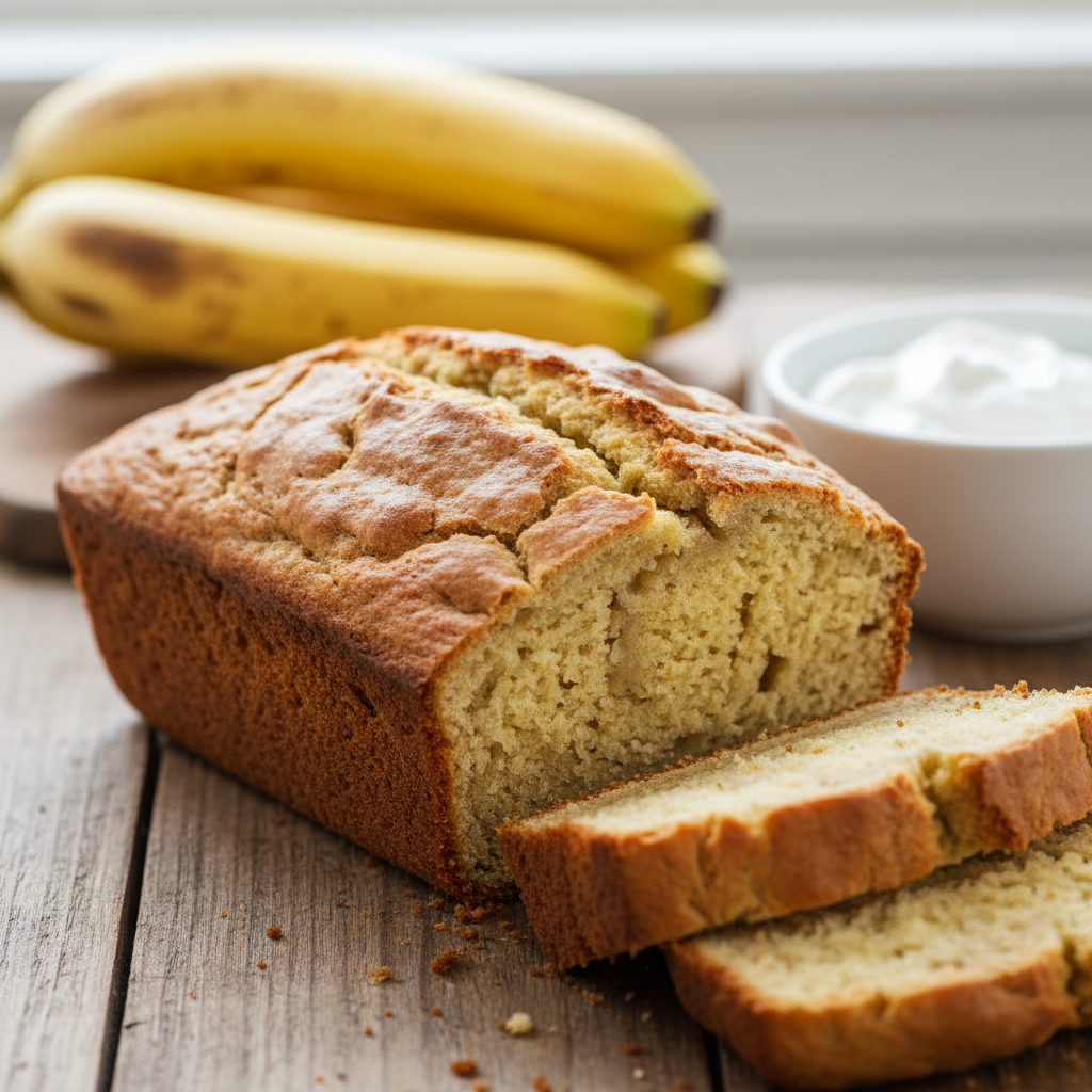 A flat lay of all the ingredients needed for the banana bread recipe laid out on a kitchen counter including bananas, eggs, butter, sugar, sour cream, flour, baking soda, salt, walnuts, and vanilla extract.