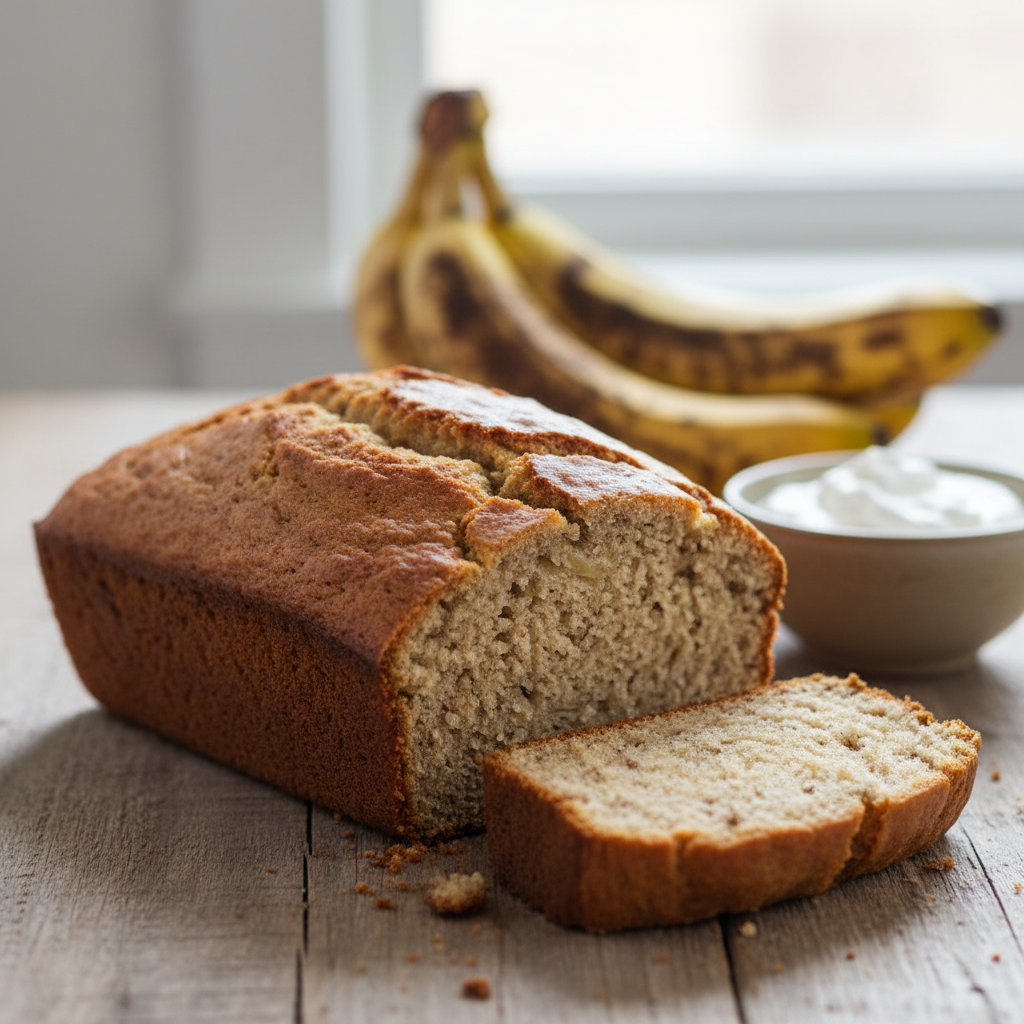 Step-by-step visual of the baking process: mixing the wet ingredients in a bowl, mashing bananas, folding dry ingredients, pouring batter into a loaf pan, and placing it in the oven.