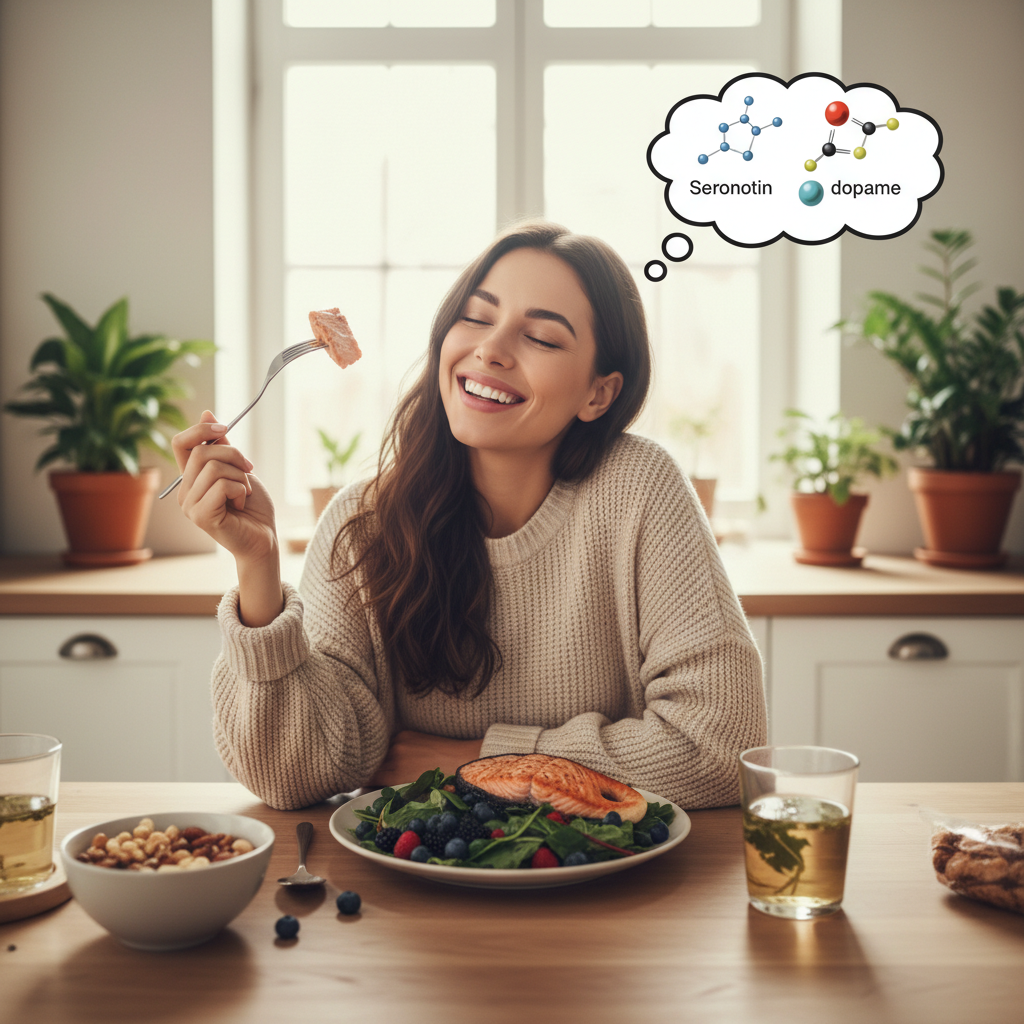 A vibrant, colorful flat lay of the 10 best foods that improve mood and reduce stress, including fatty fish, dark chocolate, leafy greens, nuts and seeds, berries, fermented foods, whole grains, avocados, bananas, and herbal teas.