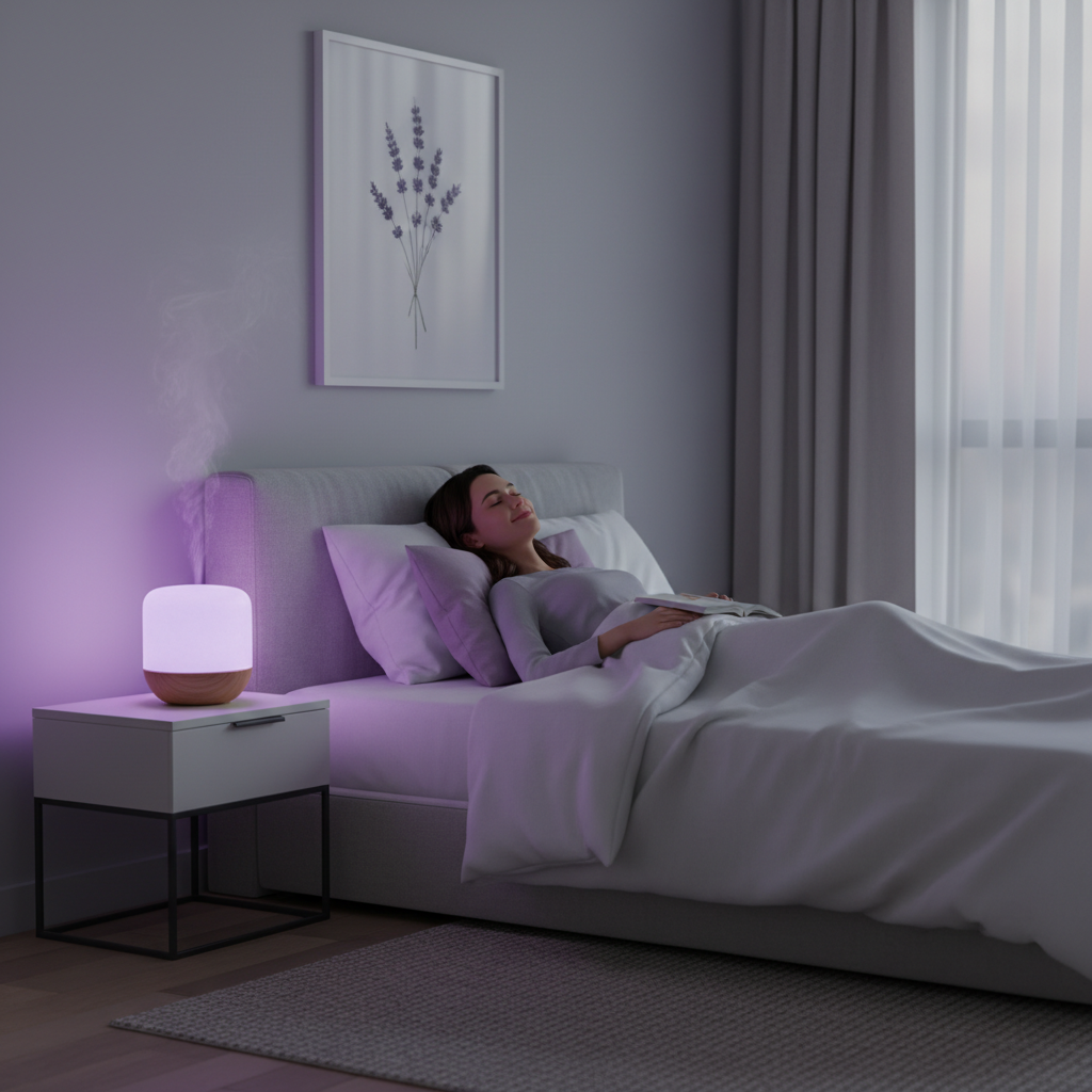 A calming bedroom scene with lavender oil diffuser emitting a soft purple glow, representing lavender oil as a sleep aid.