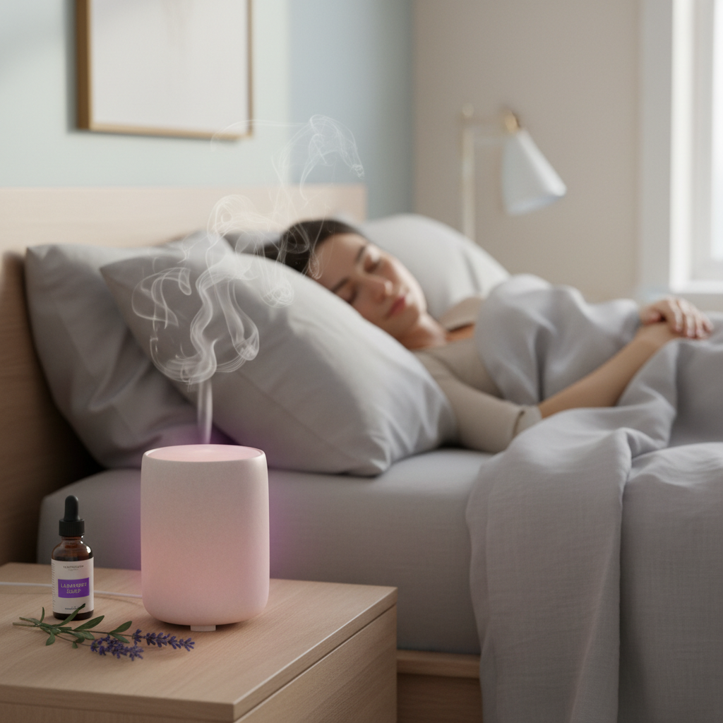 Collage of lavender oil uses: a person applying diluted lavender oil on skin, relaxing with a headache relief massage, and hair care routine involving lavender oil.