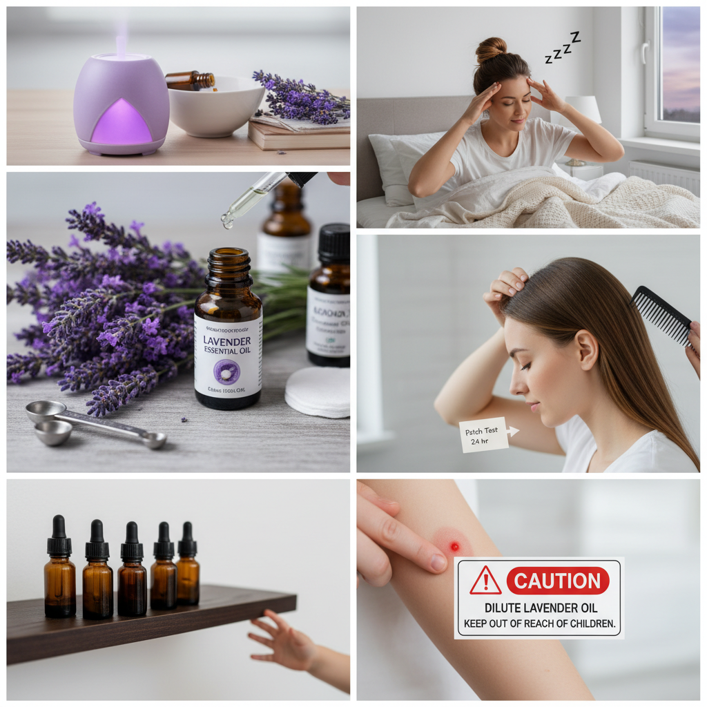 Safety visuals showing proper lavender oil dilution with carrier oils, a patch test on skin, storage in dark bottles out of children's reach, and caution signage.