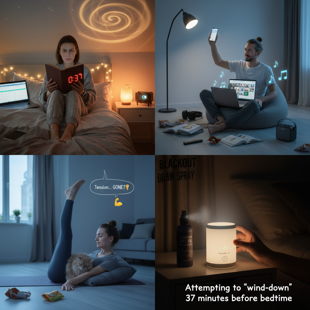 A cozy bedroom scene with dim, warm lighting and a person winding down 30-90 minutes before bed, featuring soft ambient lights and a peaceful atmosphere.