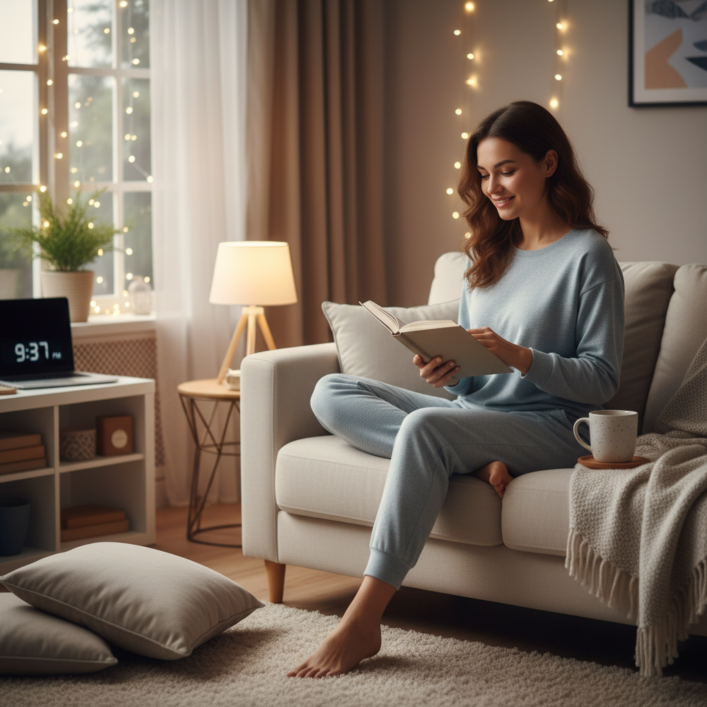 A peaceful nighttime bedroom environment with elements like lavender-scented pillow spray, blackout curtains, white noise machine, and a calm, cozy ambiance ready for restful sleep.