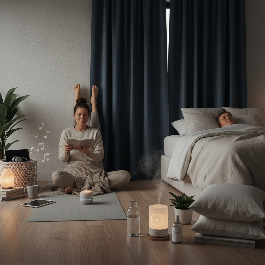 An individual practicing gentle stretching or restorative yoga poses in a serene space, such as child's pose or legs-up-the-wall, evoking relaxation and tension release.