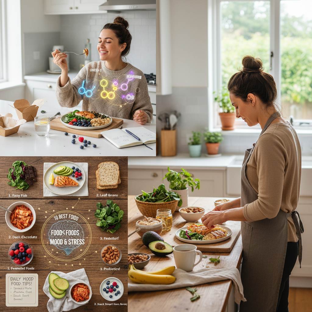 An artistic depiction of brain chemistry highlighting serotonin and dopamine molecules surrounded by foods rich in omega-3, magnesium, and antioxidants emphasizing the connection between food, mood, and stress.