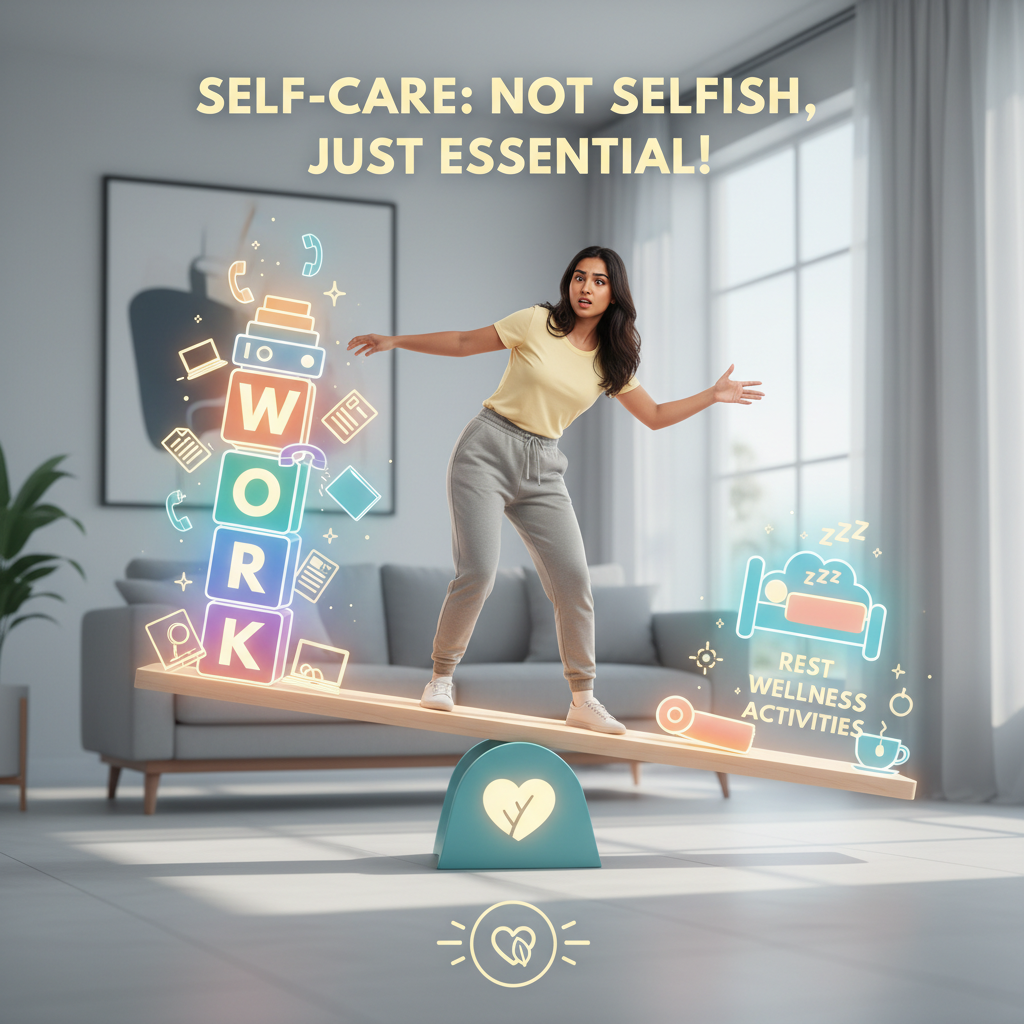 Illustration depicting the importance of self care with a person balancing work, rest, and wellness activities, emphasizing that self care is essential and not selfish.
