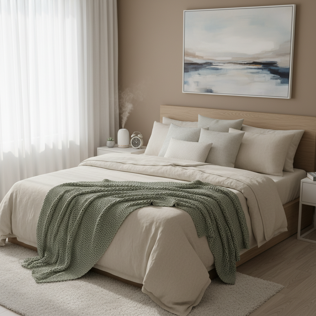A peaceful bedroom setting with a cozy bed, soft lighting, and a calm atmosphere representing high sleep quality.